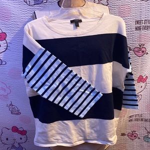 J. Crew Black and White Striped Crewneck Top, Sleeves Blue and Mid-Length